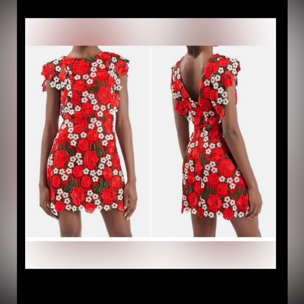 Topshop Guipure Mini Dress Modest Embroidered Floral Lace in Red Green Size XS